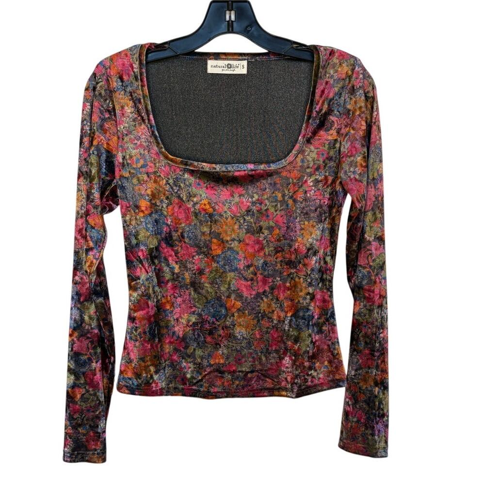 Natural Life Floral Stretch Velvet Colorful Square Neck Top "Danielle" size S